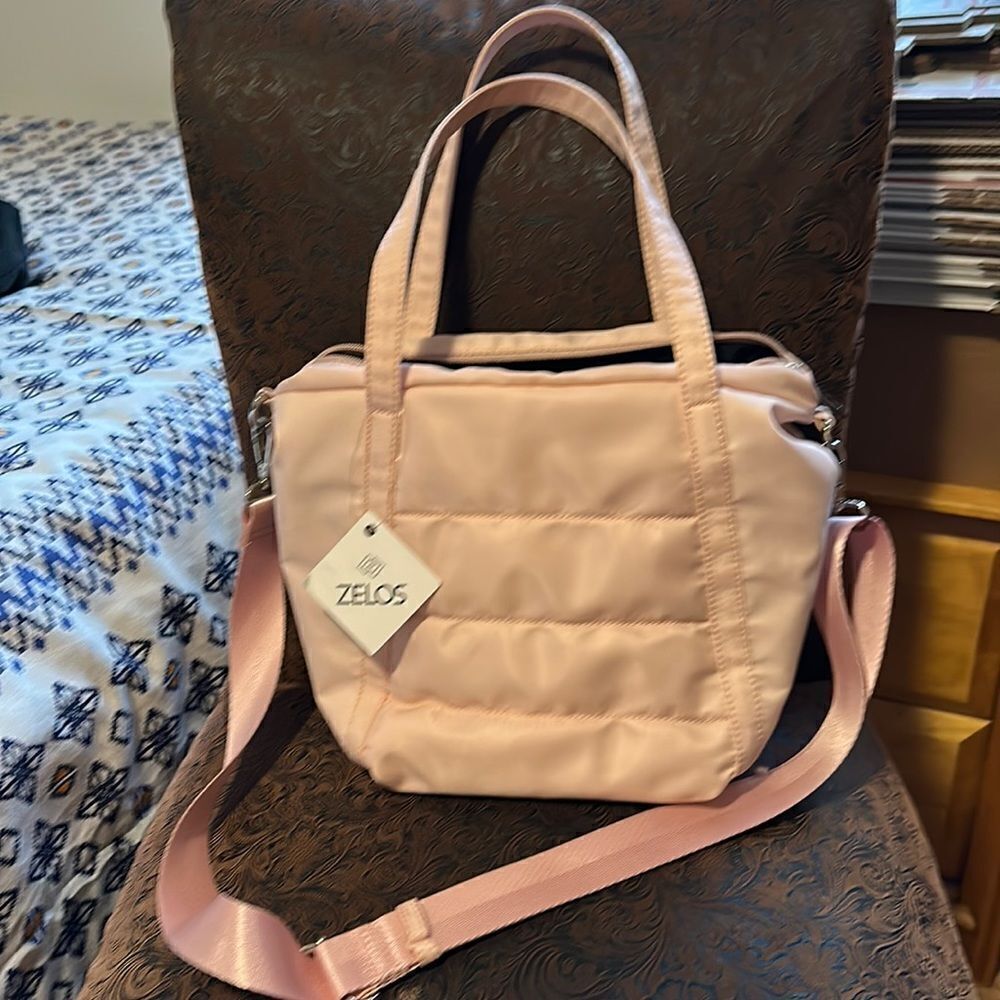 Zelos quilted nylon pink adjustable removable strap crossbody bag w/ handles